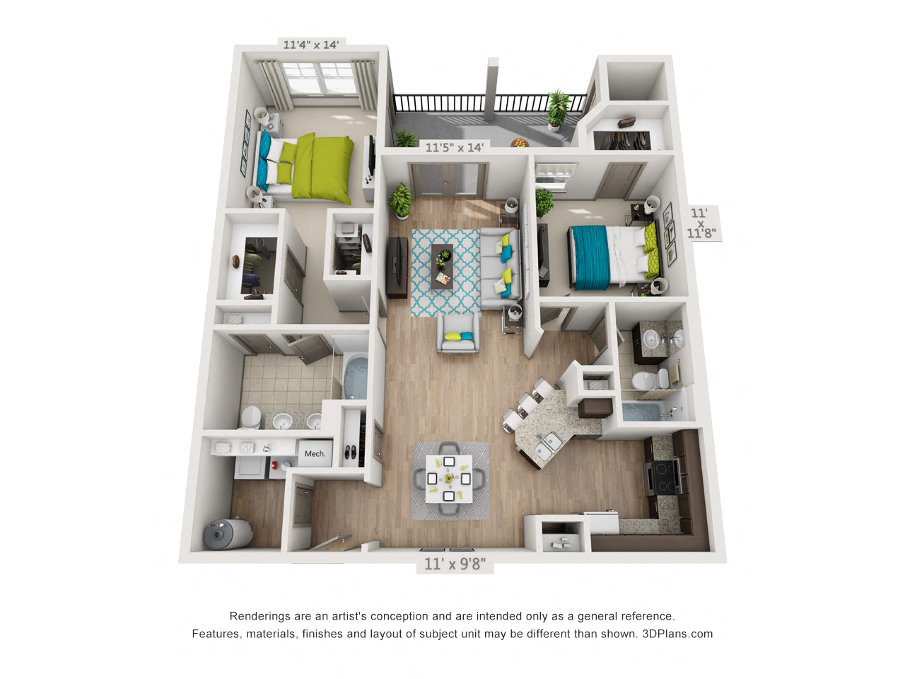 Floor plan for 2 beds, 2 baths, 1177 sqft